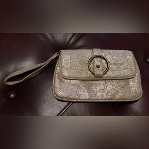 Metallic Gold Wristlet Clutch with Ring Accent